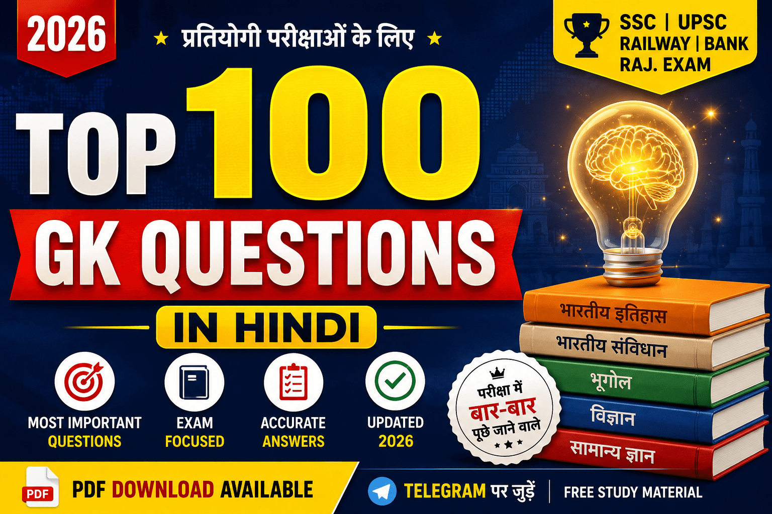 Top 100 gk questions in hindi 2026